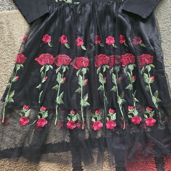 Roiii Off Shoulder Sheer Dress Womens Black & Roses 1950s Whimsgoth New - Picture 3 of 16